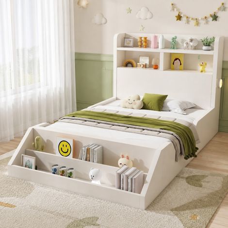 Letto 90x200 cm in legno bianco con mensola e luci, salvaspazio, senza materasso – MEUBLIV (1/5)