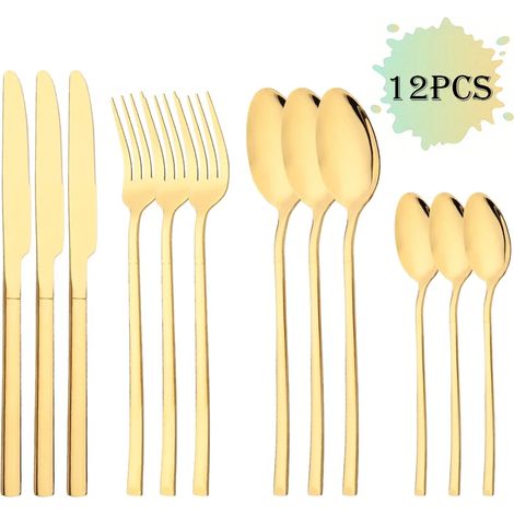 (Ensemble de couverts en acier inoxydable doré, 12 pièces, comprenant un couteau, une fourchette et une cuillère à café)