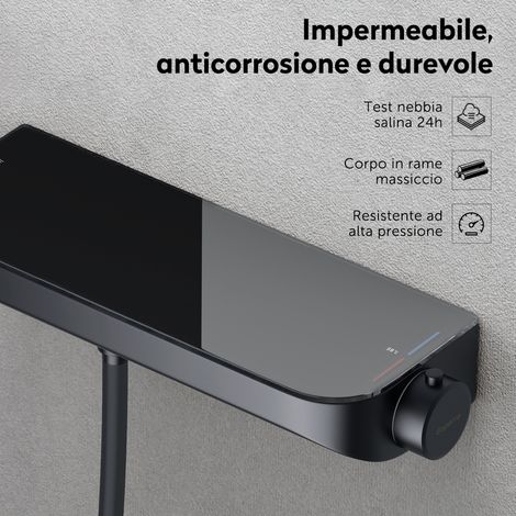 doporro Sistema Doccia Termostatico con Doccetta a Mano Nero Opaco Miscelatore per Vasca Soffione in Ottone con Mensola Portaoggetti per Bagno Duschsystem8 (1/5)