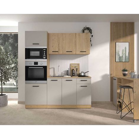 ALPAGA - Cuisine complete - Chene silva / Grege - 180 x 60/31 x 211 cm - Avec colonne four et plan de travail - GAMI (1/4)