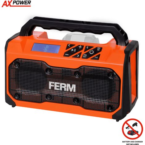 Ferm – Radio de chantier 20 V Bluetooth 5.0 – FM stéréo 2 x 15 W – Port USB pour recharge – Protection anti-chocs