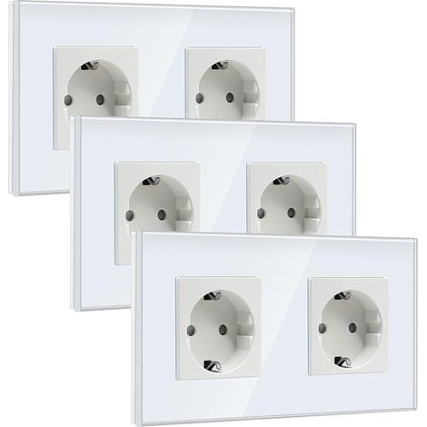 Prise Murale Schuko 2 Gang, Prise en Verre 16Amp avec Plaque en Verre Cristal 86 mm, Rallonge Murale, Blanc 3 Pack (1/5)