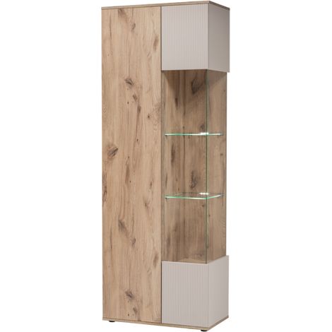 Vitrine haute Catalina avec éclairage LED - Bois MDF cachemire et chêne Viking - 70 x 197 x 40 cm - Livraison gratuite (1/5)