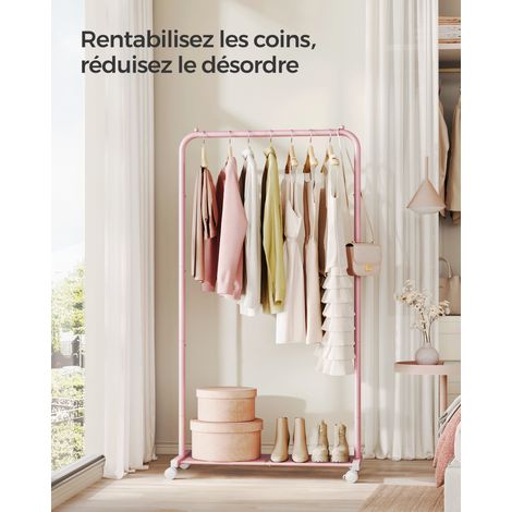 Portant à Vêtements à Roulettes, Penderie 74 cm, Porte-Vêtements, Porte-manteau, avec Étagère de Rangement en Maille Dense, Capacité de Charge de 35 kg, 2 Freins, Rose Bonbon