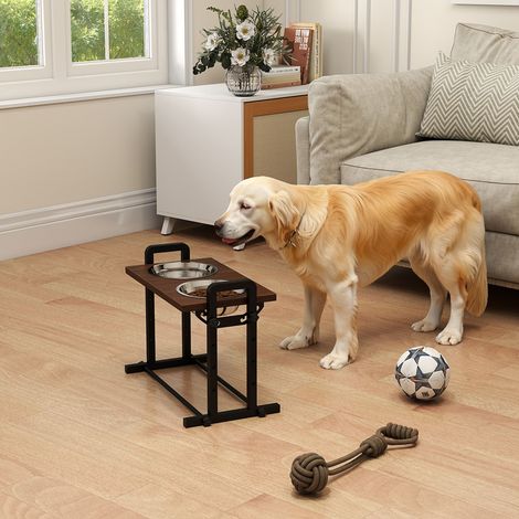 Support pour gamelles de chien avec 4 gamelles réglables en hauteur, 2 gamelles en acier inoxydable de 1,2 L, 3 angles d'inclinaison, marron