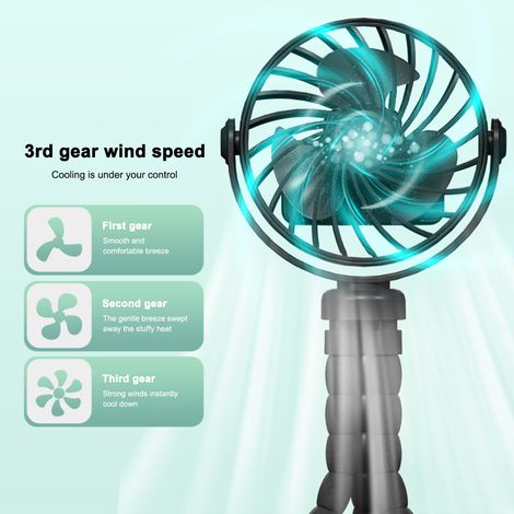 Ventilateur portable à main, flexible, en forme de pieuvre, sur trépied, pour table, poussette ou berceau, avec veilleuse intégrée, 3 vitesses de ventilation réglables, rotation à 360°. (1/5)