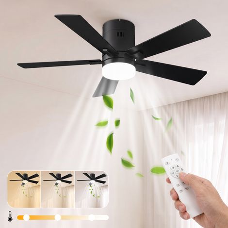 Ventilador de techo con luz y mando a distancia, 5 aspas, 6 velocidades, diseño perfil bajo, Ø 106,6 cm, Negro (1/5)
