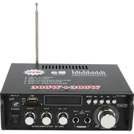 Amplificateur de puissance 300 W avec Bluetooth, port USB pour carte mémoire, télécommande et affichage LED pour système stéréo domestique (prise 220 V UE). (1/5)