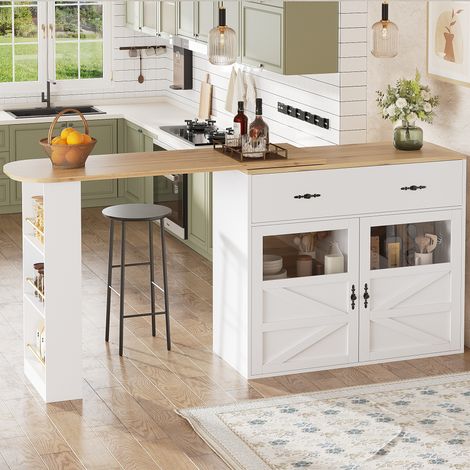 Credenza con tavolo da bar estensibile, 1 cassetto, 2 ante, MDF, 138/204 × 39 × 104 cm, bianco