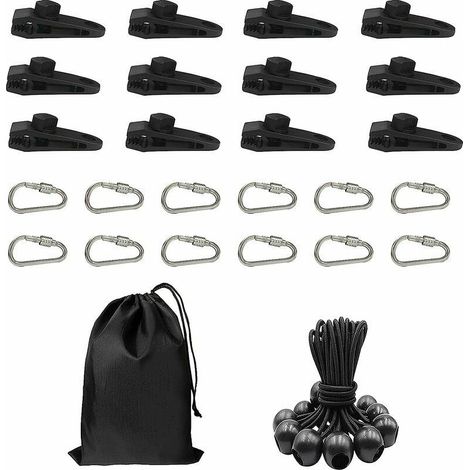 Lot de 12 clips pour bâche, tente, bâche, 12 tendeurs en caoutchouc, corde élastique et 12 mousquetons en forme de D pour bâches, marquises, camping en plein air, caravanes, auvents (1/5)