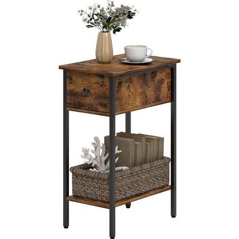 Table of auxiliary with compartment open and drawer, table of bedside, feet in metal, wood, brown (1/5)