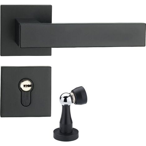 Flat black access door lever, modern square lock set handle, exterior door handle and deadbolt set （B） (1/4)