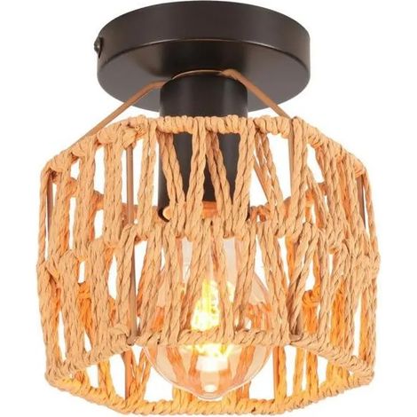 Rétro Plafonnier Industriel Lustre Vintage Abat-jour en Corde de papier Design Carré Lampe de Plafond pour Salon Chambre (1/5)