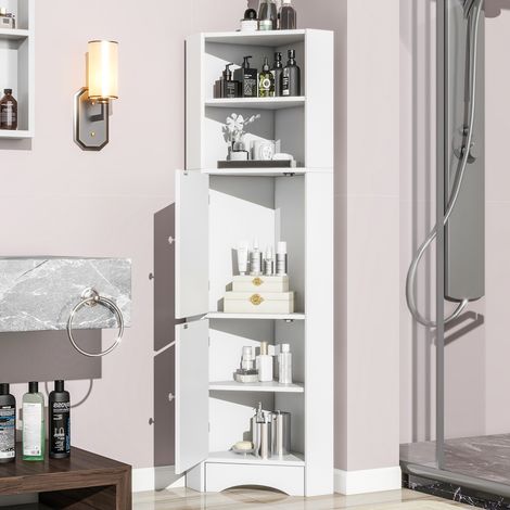 Mobile bagno angolare moderno in truciolare bianco, 36,5 x 36,5 x 155 cm, con ante e ripiani aperti