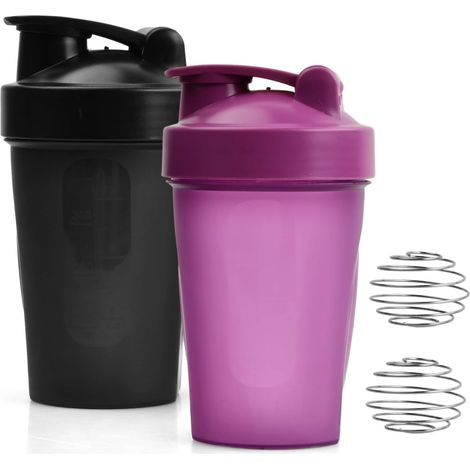 Lot de 2 Shaker Protéine Bouteille Shaker Protéines de 400 ml avec Boules de Fouet en Métal Bouteille d'Eau sans BPA (Violet +Noir) (1/5)
