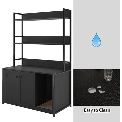 Grande meuble toilette chat avec étagère de rangement, maison en bois pour chat avec griffoir, armoire intérieure robuste à 2 portes pour contrôle des odeurs, noir (1/5)