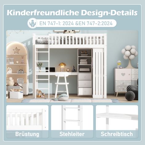 Lit mezzanine 90 x 200 cm, bureau, armoire, 3 tiroirs, rangements ouverts, rambarde, escalier, sans matelas, blanc (1/5)