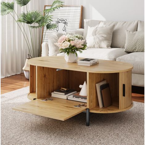 Ovale Couchtisch mit Stauraum, Schiebetüren, Rattan-Stil, MDF, Natur, HAVRYA (1/5)