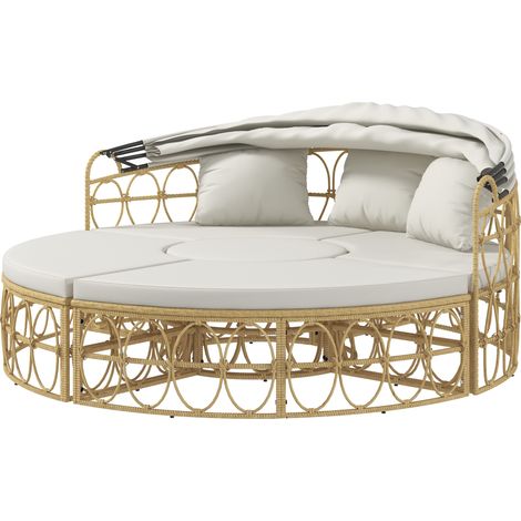 Lot 4 pièces, auvent extensible, 5 coussins, aspect rotin, 178L x 85P x 66,5H cm, beige (1/5)