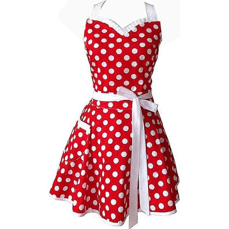 Sweetheart Red Retro Küchenschürzen Damen Mädchen Baumwolle Polka Dot Kochsalon Vintage Schürze Kleid C (1/5)