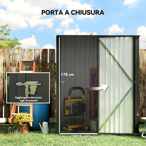 Caseta de jardín de acero corrugado de 160x95 cm, color negro, ideal para herramientas, de fácil montaje. (1/4)