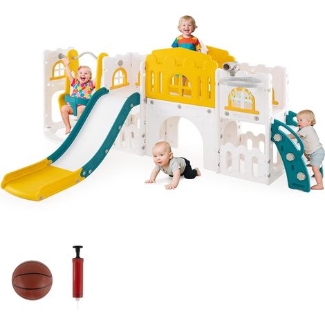 GOPLUS 10 en 1 Toboggan Interieur Exterieur Enfants Balançoire, Panier de Basket, Aire de Jeux Enfants en Plastique, Cabane de Jardin avec Echelle, 252 x 150 x 102CM, pour 1 Ans+ (Bleu+Jaune) (1/5)