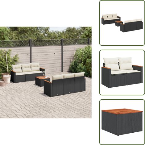 The Living Store Salon de jardin 7 pcs avec coussins noir résine tressée - Ensemble Salon De Jardin - Mobilier Extérieur - Canapé Jardin - Table Basse Jardin - Chaise Lounge