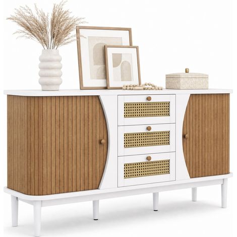 Buffet bas à portes coulissantes, 3 tiroirs en résine tressée, étagères réglables, plateau arrondi, meuble de rangement blanc pour salon - CHICFURN (1/5)