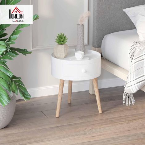Table Basse - Table de Chevet - Table de Nuit Ronde - Design scandinave Table d'appoint Bout de canapé avec tiroir Pieds effilés inclinés Bois Massif chêne Clair Blanc (1/5)