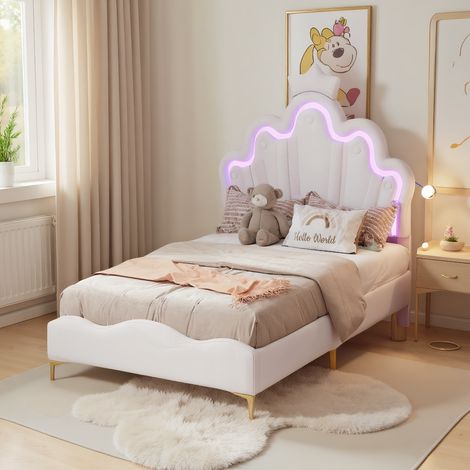 Lit simple,Lit enfant rembourré 90x200cm, cadre de lit avec LED et sommier à lattes, Lit de princesse héritière, Blanc, PU (1/5)