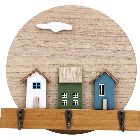 Porte-clés mural à 3 crochets métalliques ronds en bois pour entrées, couloirs, chambres, salons. (1/5)