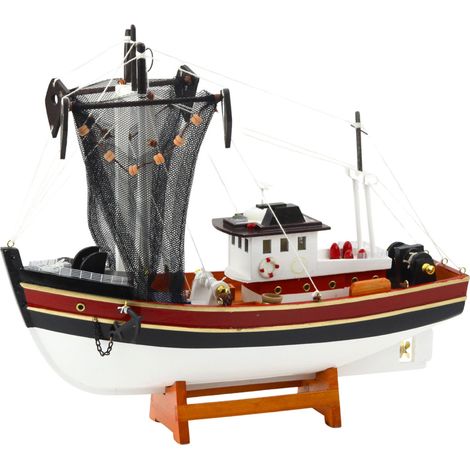 Barco de pesca decorativo coleccionable con red de pesca, modelo de 38x31 cm. (1/2)