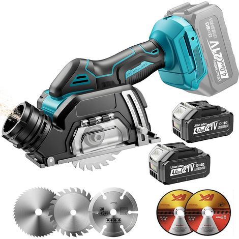 Ø 76mm Mini Scie Circulaire Sans Fil avec 2x 4000mAh Batteries Mini Meuleuse d'angle (19500 TR/MIN), Profondeur Réglable 5-20mm, Embout d'Aspiration, 5 Lames (Bois/Métal/Carrelage) (1/5)
