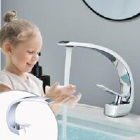 Robinet de lavabo de salle de bain moderne à un trou et une poignée, ,Mitigeur Lavabo,Eau Chaude et Froide,Chromé(Sans Tuyaux) (1/5)