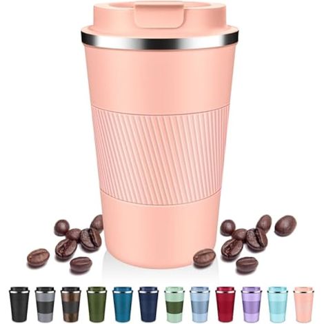 Gobelet à café isotherme avec couvercle à rabat – 355 ml / 500 ml – Tasse à café de voyage en acier inoxydable – Tasse à café réutilisable – Garde les boissons froides et chaudes pour le café (1/5)