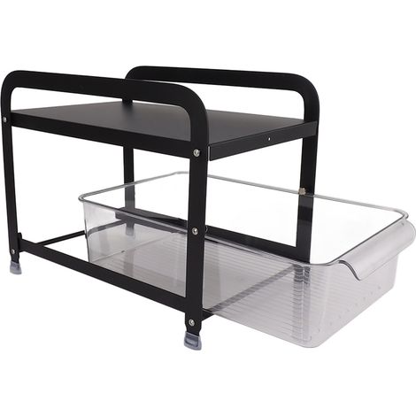 Étagère de rangement pour tasses 2 niveaux, tiroir coulissant, organiseur multifonction pour plan de travail, bureau à domicile, noir (1/5)