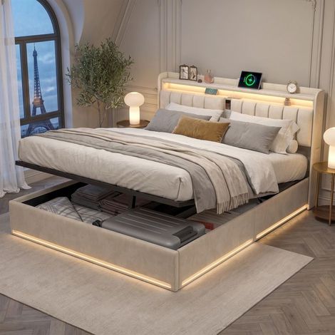 Letto con contenitore - 140x190 - Rete a doghe - Testiera LED & USB - Contenitore in velluto beige (1/5)
