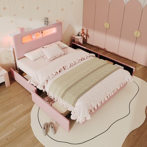 Lit enfant 2 places 140 x 200 cm avec 4 tiroirs et LED pilotée par application, lit double en velours avec tête de lit à rangement, rose, moderne (1/5)