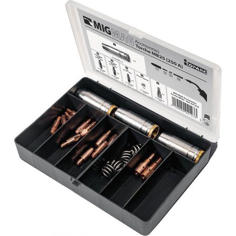 GYS – Coffret accessoires pour torche MIG 250 A – 5 tubes contact Ø0,8 M6 acier – 5 tubes contact Ø1 M6 acier/inox – 41233