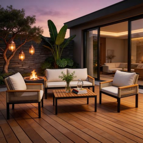 Garden lounge set, garden furniture set with comfortable cushions, double sofa, 2 armchairs and table, outdoor, rattan, table and chairs, Beige