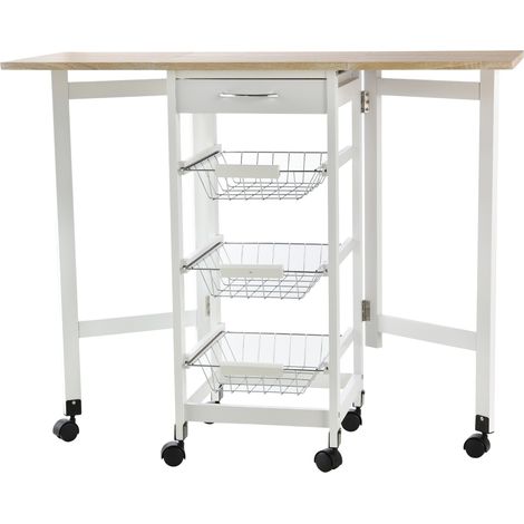 Carrello Portavivande Pieghevole a 6 Ruote con 3 Cestini, Cassetto e 2 Ribalte, Carrellino per Cucina in MDF e Metallo, 37x37x77.5 cm, Bianco e Legno