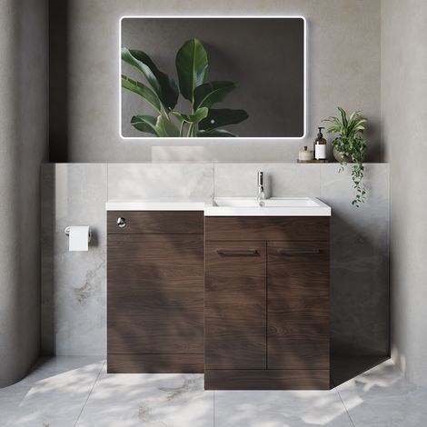 Napoli 460 Brown Oak 1100mm 2 Door Vanity Unit Toilet Suite with Right Hand Square Lucia Basin - 1100mm - Chrome 160mm HandleWithout Kingston Toilet Pan