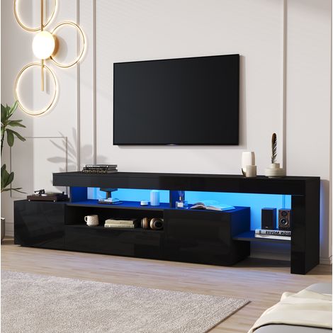 Mobile TV 192x37x53 cm per TV fino a 85 pollici con LED, 3 vani contenitore, finitura nero lucido (1/5)