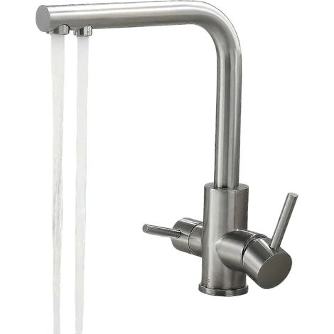 Robinet de cuisine à 3 voies avec filtre à eau, mitigeur pivotant à 360°, 2 poignées, acier inoxydable 304 nickel brossé