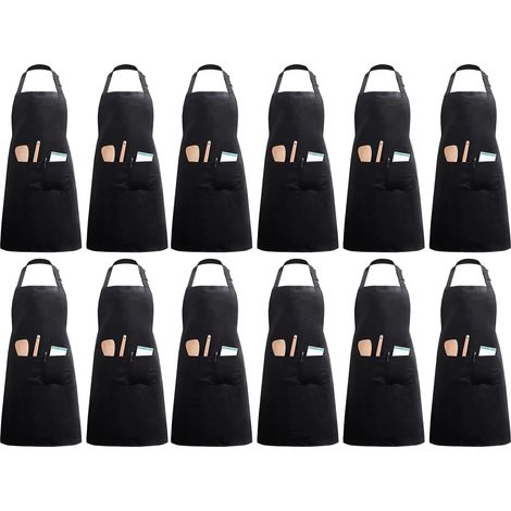 12 Pack Kitchen Aprons with 2 Pockets, Adjustable Cooking Aprons for Women and Men, Chef (Black Polyester) (1/5)