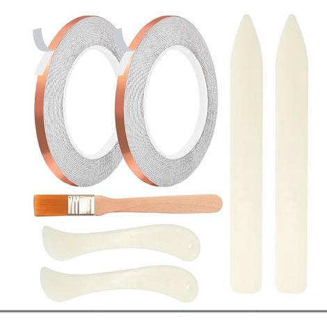 Dieses Set aus 2 Rollen Kupferfolienband enthält ein Knocheneinprägewerkzeug und eine Reinigungsbürste und eignet sich für DIY-Bastelarbeiten, EMI-Schaltungsabschirmung und Buchbinderei. (1/4)