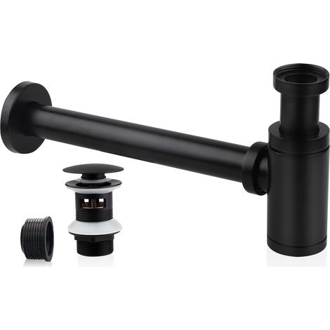 Siphon mit Spülbeckenablauf, Universal-Spülbeckensiphon, Rohr-Edelstahl-Siphon, 1 1/4 x 32 mm, Badezimmer-Spülbeckensiphon, Metallrohr-Siphon, verstellbarer Spülbeckensiphon, schwarz (1/5)