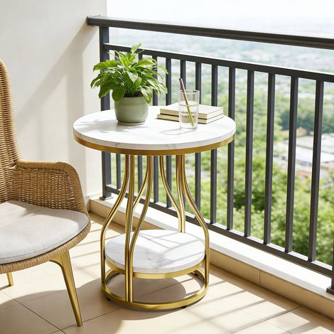 Tavolino laterale 50x50x60 cm bianco e oro in finto marmo, metallo e legno con 2 ripiani (1/5)