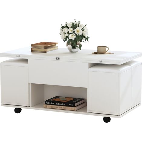 Table basse relevable multifonction avec plateau double, grande capacité, blanc (1/5)
