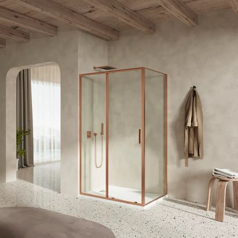Cabine de douche slim 100 x 70 cm avec porte coulissante et paroi fixe profilés en cuivre brossé et verre transparent anti calcaire de 6 mm (1/4)